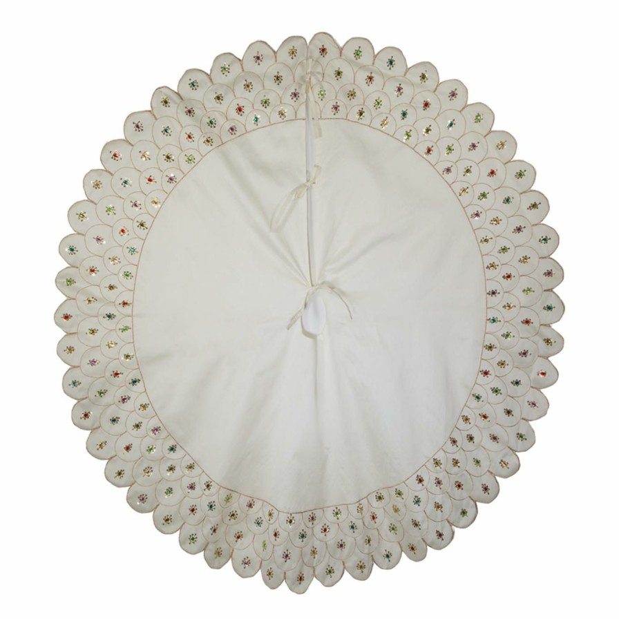 Tree Skirts & Collars * | Outlet Kurt S. Adler, Inc. Christmas Tree Skirts & Collars Kurt Adler 60-Inch Multi-Colored Beads Scalloped Ivory Embroidered Tree Skirt