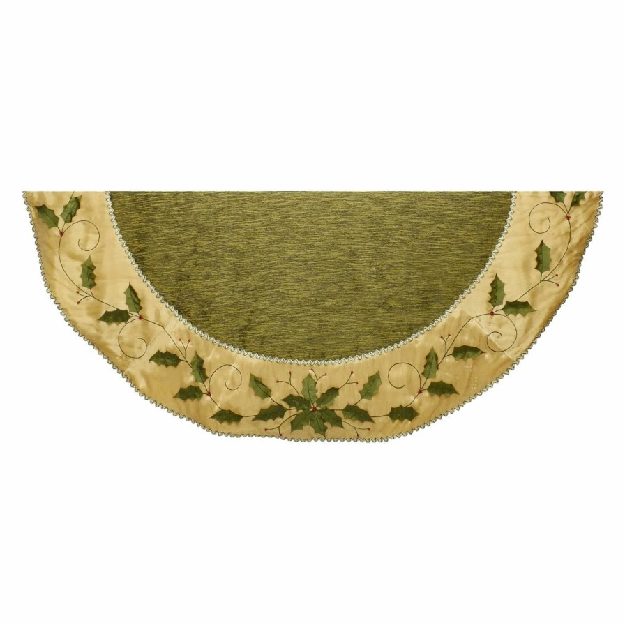 Tree Skirts & Collars * | Hot Sale Kurt S. Adler Christmas Tree Skirts & Collars Kurt Adler 54 In. Green And Gold Holly Leaves Embroidered Treeskirt