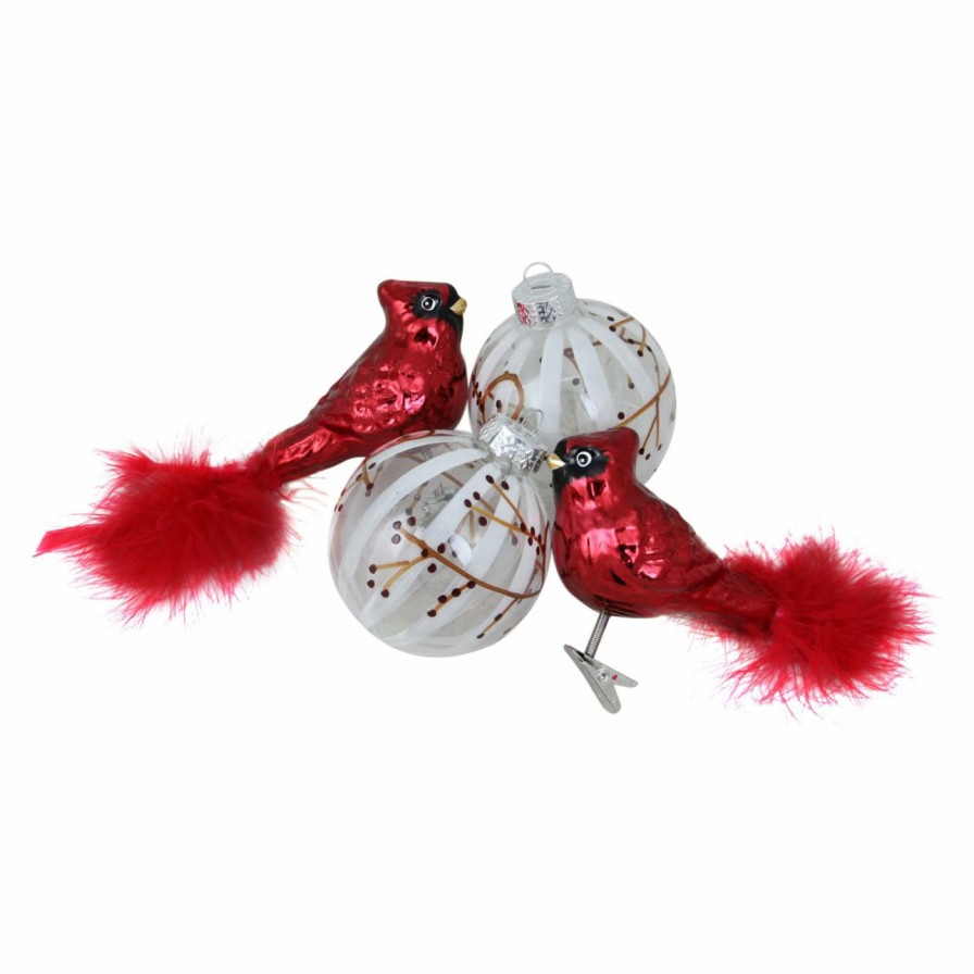 Ornaments * | Best Deal White Ornaments Northlight Glitter Cardinal With White Ball Ornament Set Of 4