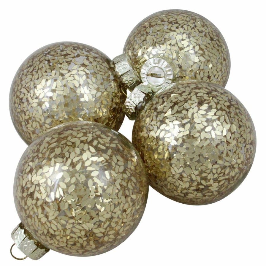 Ornaments * | Cheap Yellow Ornaments Northlight 4 In. Gold Seed Patterned Glass Ball Ornament Set Of 4