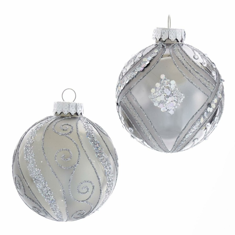 Ornaments * | Best Pirce Metallic Ornaments Kurt Adler 3.15. In. Silver And Glitter Glass Ball Ornaments Set Of 6