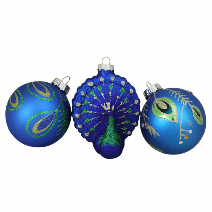 Ornaments * | Buy Metallic Ornaments Northlight Peacock Glass Christmas Ornaments Set Of 3