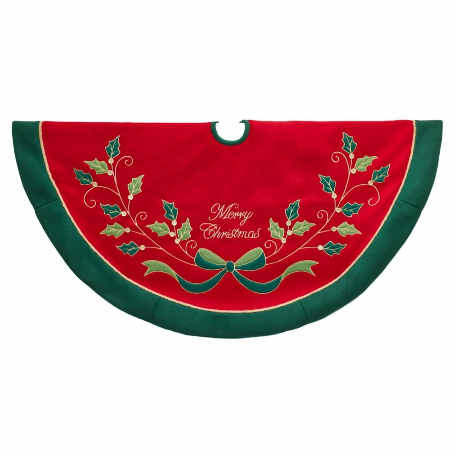 Tree Skirts & Collars * | Best Sale Christmas Tree Skirts & Collars Kurt Adler 48 In. Red And Green With Holly Tree Skirt