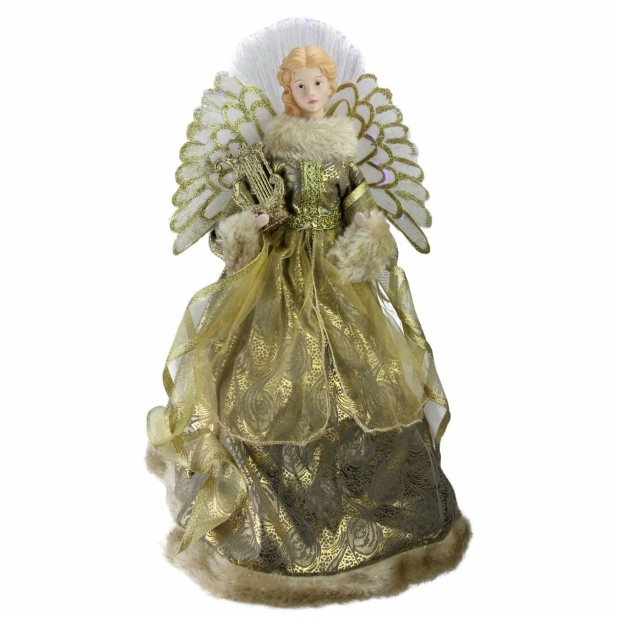 Tree Toppers & Ribbon * | Best Pirce Christmas Tree Toppers Northlight 16 In. Angel In Metallic Gold Gown With Harp Pre Lit Tree Topper