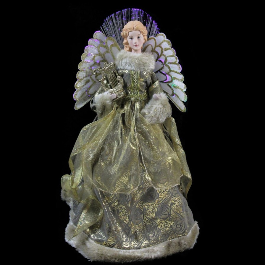 Tree Toppers & Ribbon * | Best Pirce Christmas Tree Toppers Northlight 16 In. Angel In Metallic Gold Gown With Harp Pre Lit Tree Topper