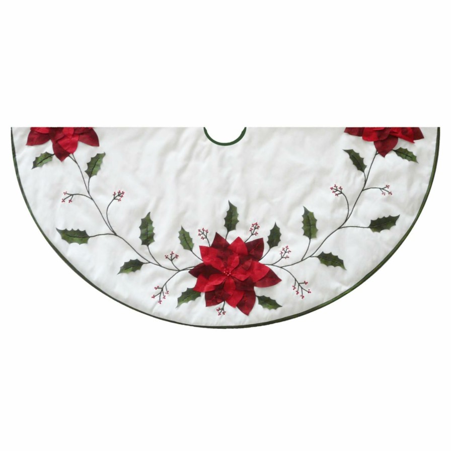 Tree Skirts & Collars * | Discount Christmas Tree Skirts & Collars Kurt Adler 54 In. Ivory With Holly Leaves And Poinsettia Tree Skirt