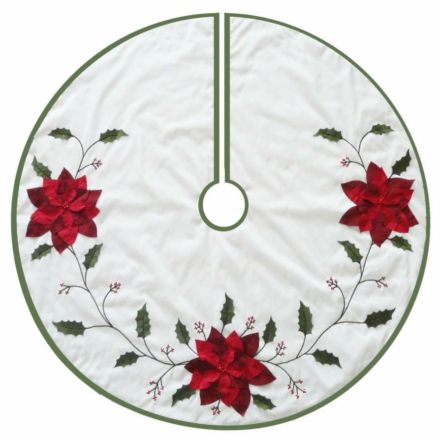 Tree Skirts & Collars * | Discount Christmas Tree Skirts & Collars Kurt Adler 54 In. Ivory With Holly Leaves And Poinsettia Tree Skirt