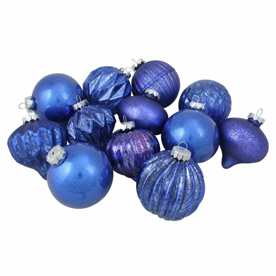 Ornaments * | Promo Blue Ornaments Northlight Assorted Blue Distressed Glass Christmas Ornaments Set Of 12