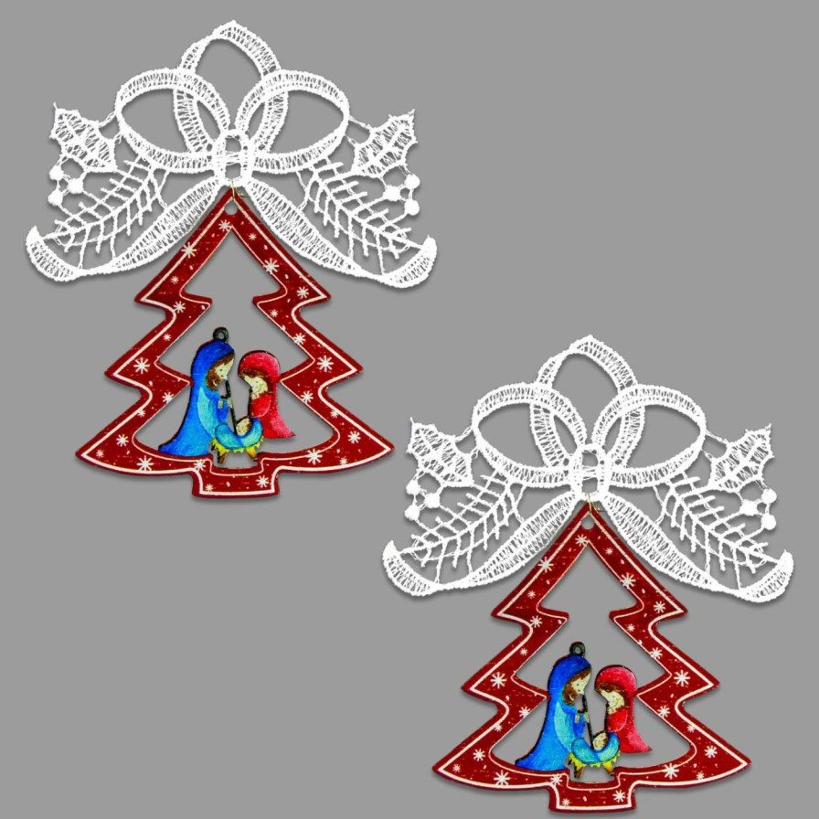 Ornaments * | Discount White Ornaments Heritage Lace Tree And Holy Family Ornament Set Of 2