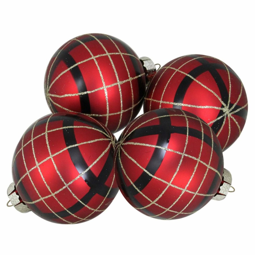 Ornaments * | Flash Sale Yellow Ornaments Northlight Black And Gold Glitter Stripes On Red Glass Ball Christmas Ornaments Set Of 4