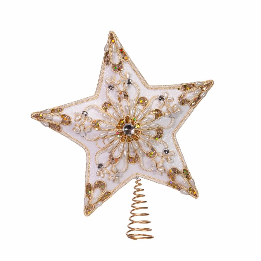 Tree Toppers & Ribbon * | Best Deal Kurt S. Adler, Inc. Christmas Tree Toppers Kurt Adler 13.5-Inch 5-Point White And Gold Star Treetop