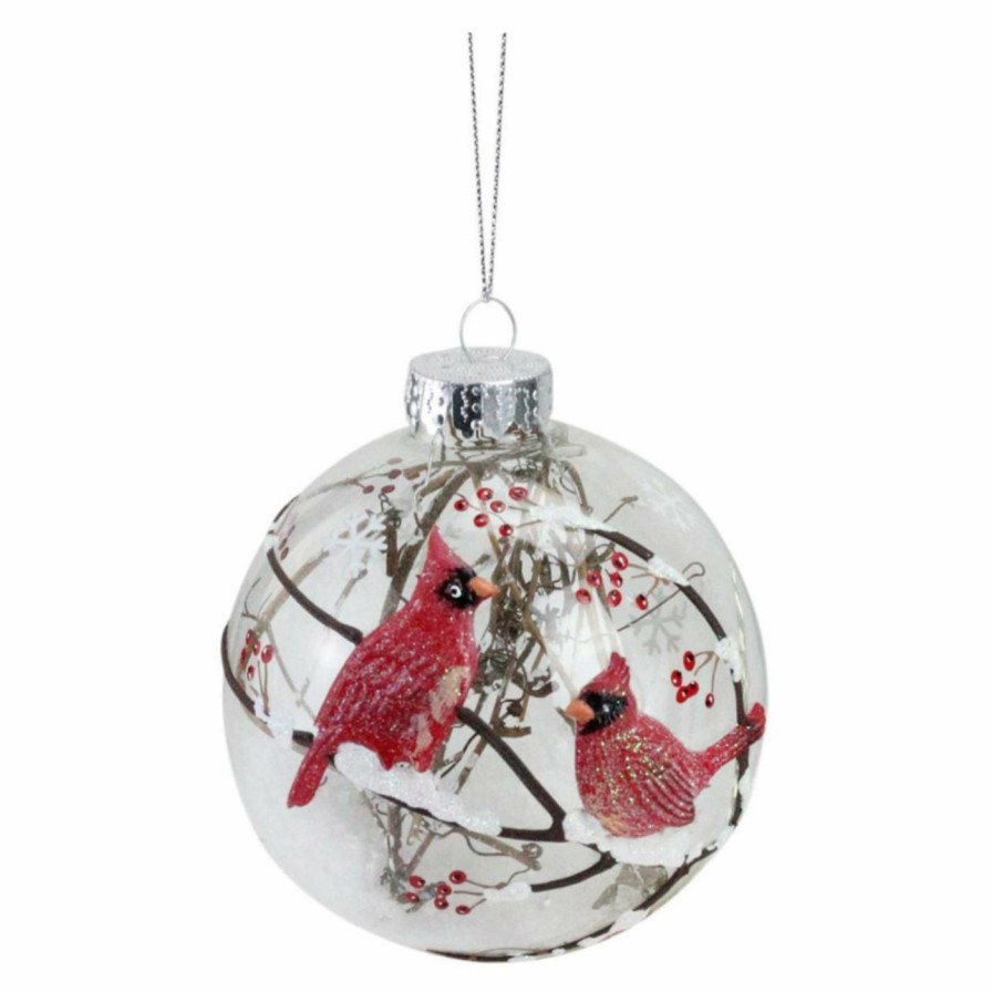 Ornaments * | Best Sale Colorful Ornaments Northlight Branch And Snow Filled Ball Christmas Ornament With Cardinals