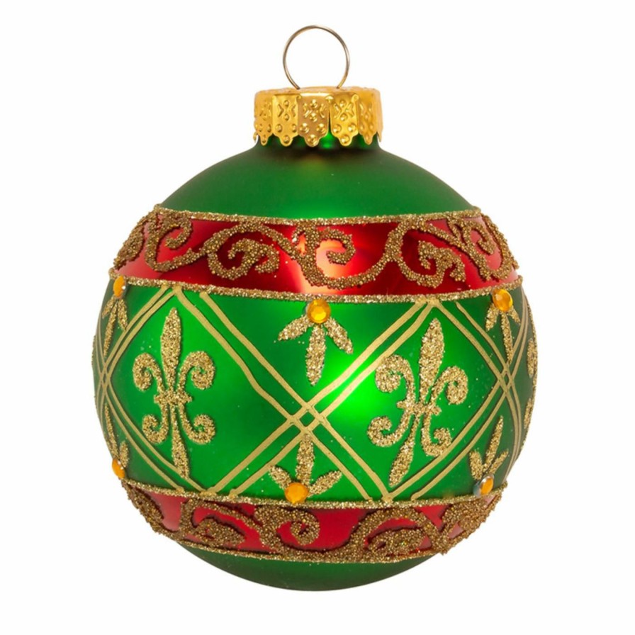 Ornaments * | Cheapest Yellow Ornaments Kurt S. Adler Green Ball Ornament With Fleur-De-Lis Set Of 6