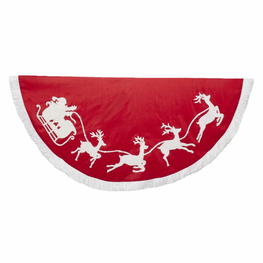 Tree Skirts & Collars * | Top 10 Kurt S. Adler Christmas Tree Skirts & Collars Kurt Adler 50 In. Red And White Embroidered Santa And Reindeer Tree Skirt