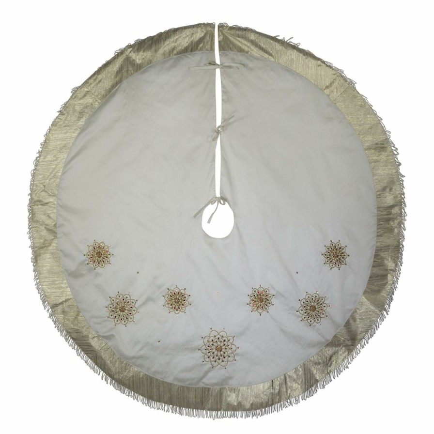 Tree Skirts & Collars * | Flash Sale Kurt S. Adler, Inc. Christmas Tree Skirts & Collars Kurt Adler 60-Inch Multi-Colored Beads Flower Ivory Embroidered Tree Skirt