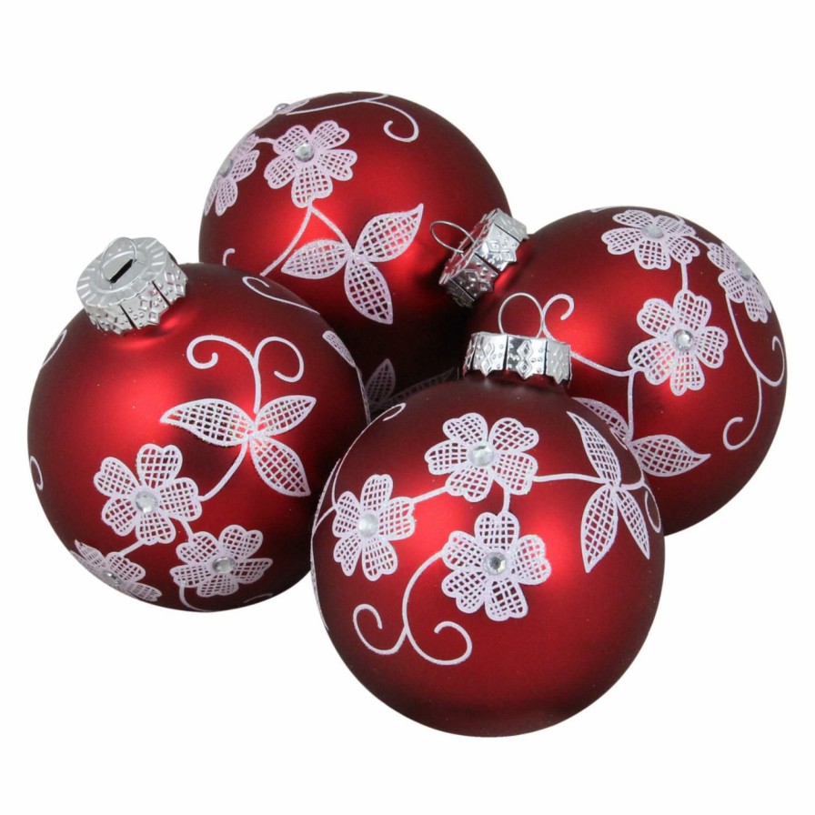 Ornaments * | New White Ornaments Northlight White Floral On Red Ornament Set Of 4