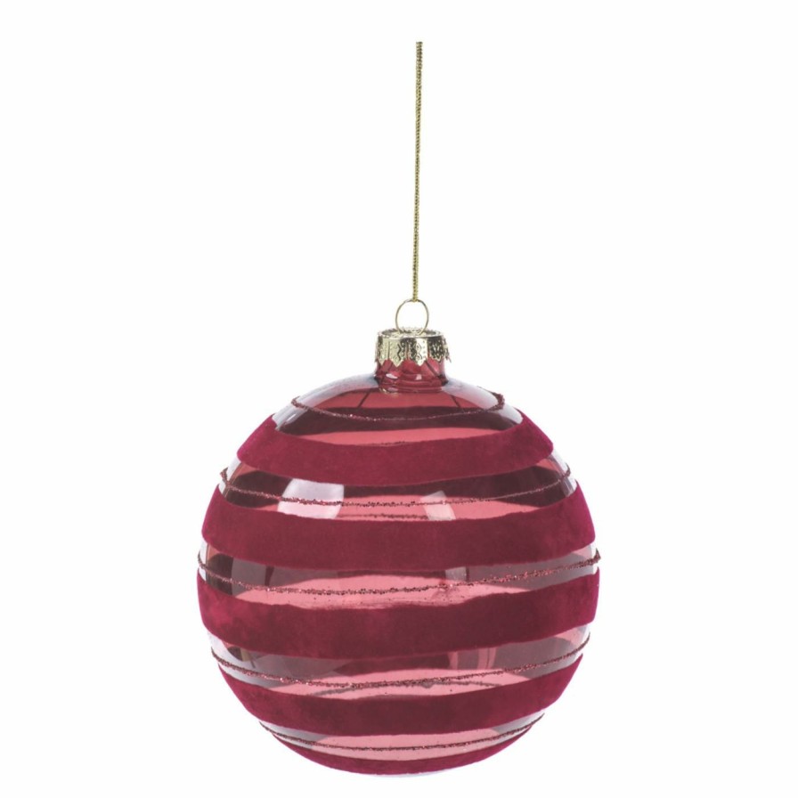 Ornaments * | Discount All Other Brands Red Ornaments Red Flocked Striped Ball Ornament Set Of 6 4 Diam. In.