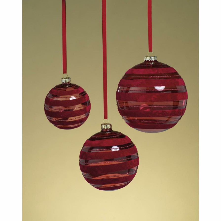 Ornaments * | Discount All Other Brands Red Ornaments Red Flocked Striped Ball Ornament Set Of 6 4 Diam. In.