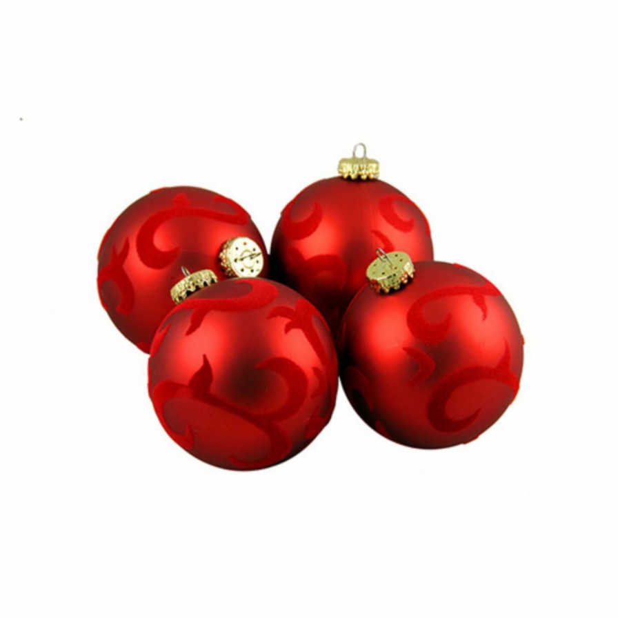 Ornaments * | Best Deal Red Ornaments Barcana 2.75 In. Red Flocked Flourish Shatterproof Ball Ornaments Set Of 4