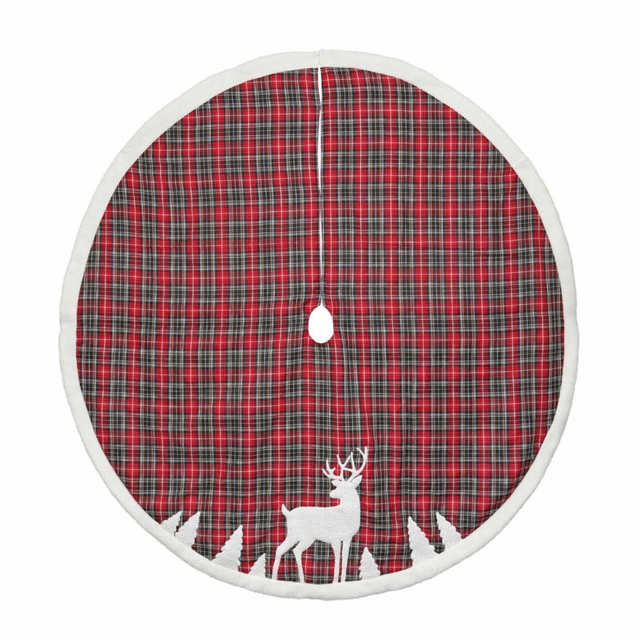 Tree Skirts & Collars * | Buy Christmas Tree Skirts & Collars Dyno 48 In. Plaid Applique Deer Christmas Tree Skirt