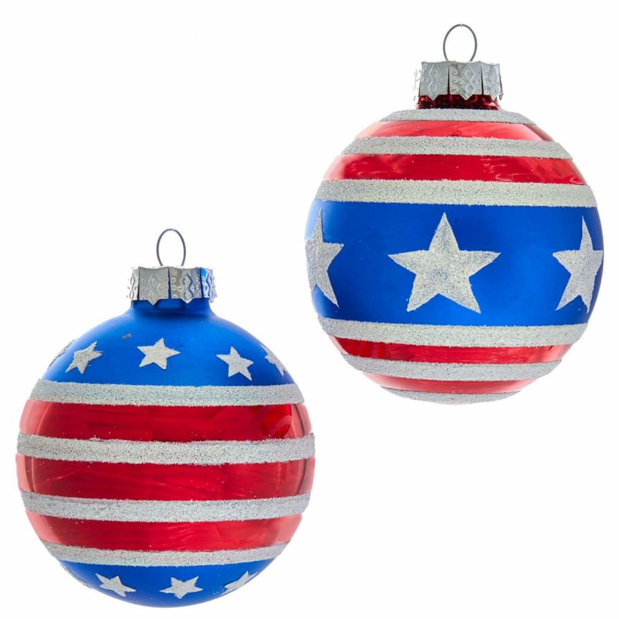 Ornaments * | Discount Blue Ornaments Kurt Adler 3.15. In. Red White And Blue Stars And Stripes Glass Ball Ornaments Set Of 6