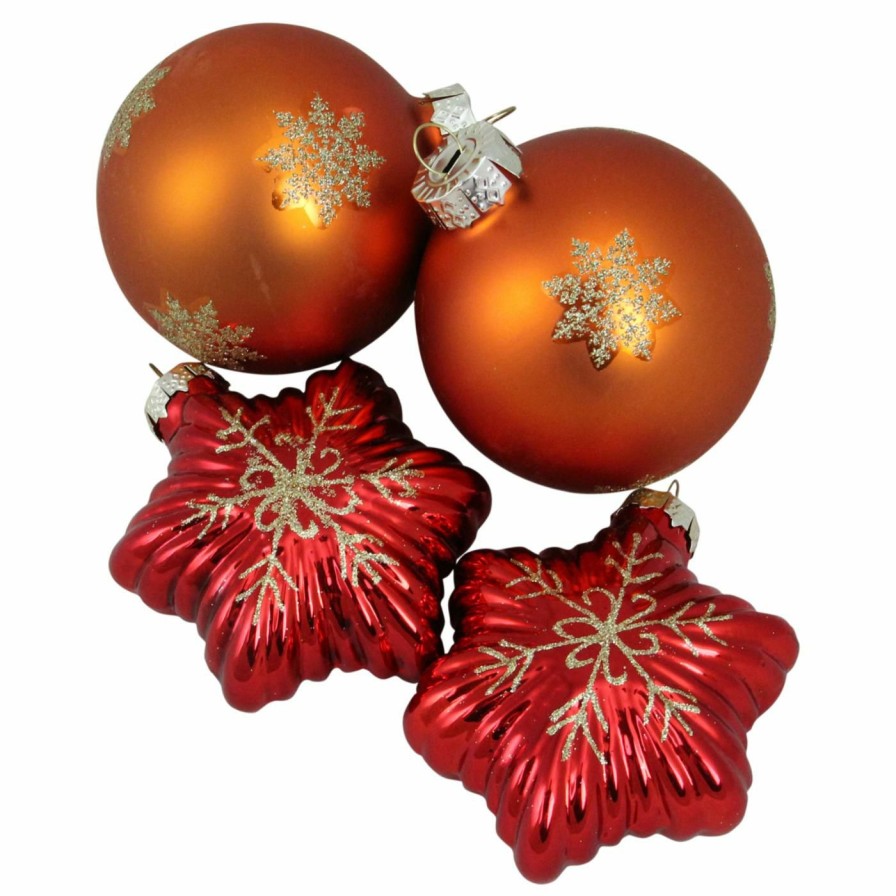 Ornaments * | Cheap Metallic Ornaments Northlight Shiny Red Stars And Amber Orange Ball Design Glass Christmas Ornaments Set Of 4