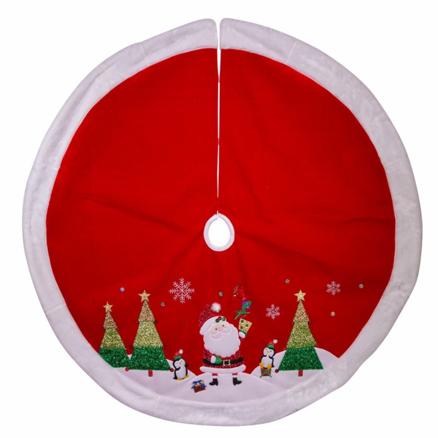 Tree Skirts & Collars * | Discount Kurt S. Adler, Inc. Christmas Tree Skirts & Collars Kurt Adler 48-Inch Red, Green, And White Santa Applique Treeskirt