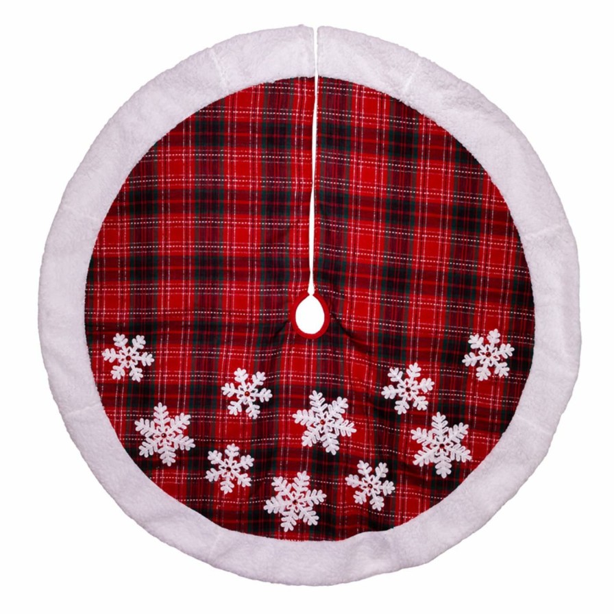 Tree Skirts & Collars * | Best Deal Kurt S. Adler, Inc. Christmas Tree Skirts & Collars Kurt Adler 48-Inch Plaid With White Snowflake Design Treeskirt