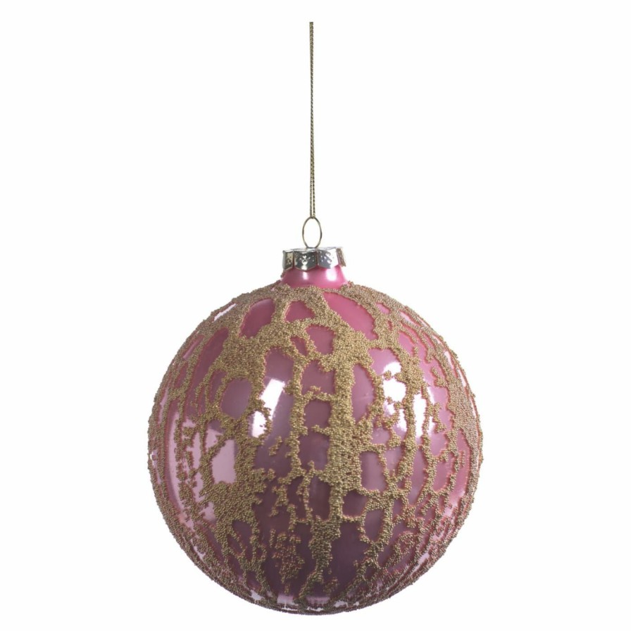 Ornaments * | Best Pirce All Other Brands Yellow Ornaments Abstract Beaded Hanging Ball Ornament Set Of 4 Pink / Gold