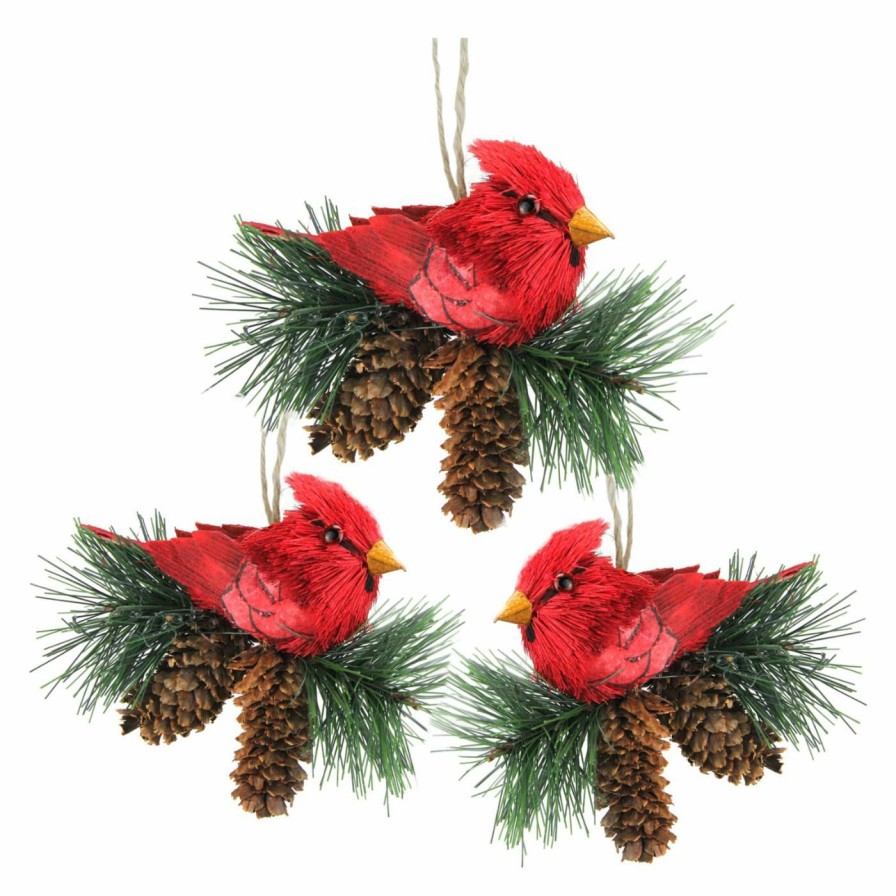 Ornaments * | Buy Green Ornaments Northlight Red Cardinal Birds Christmas Ornament With Pine Cones Set Of 3