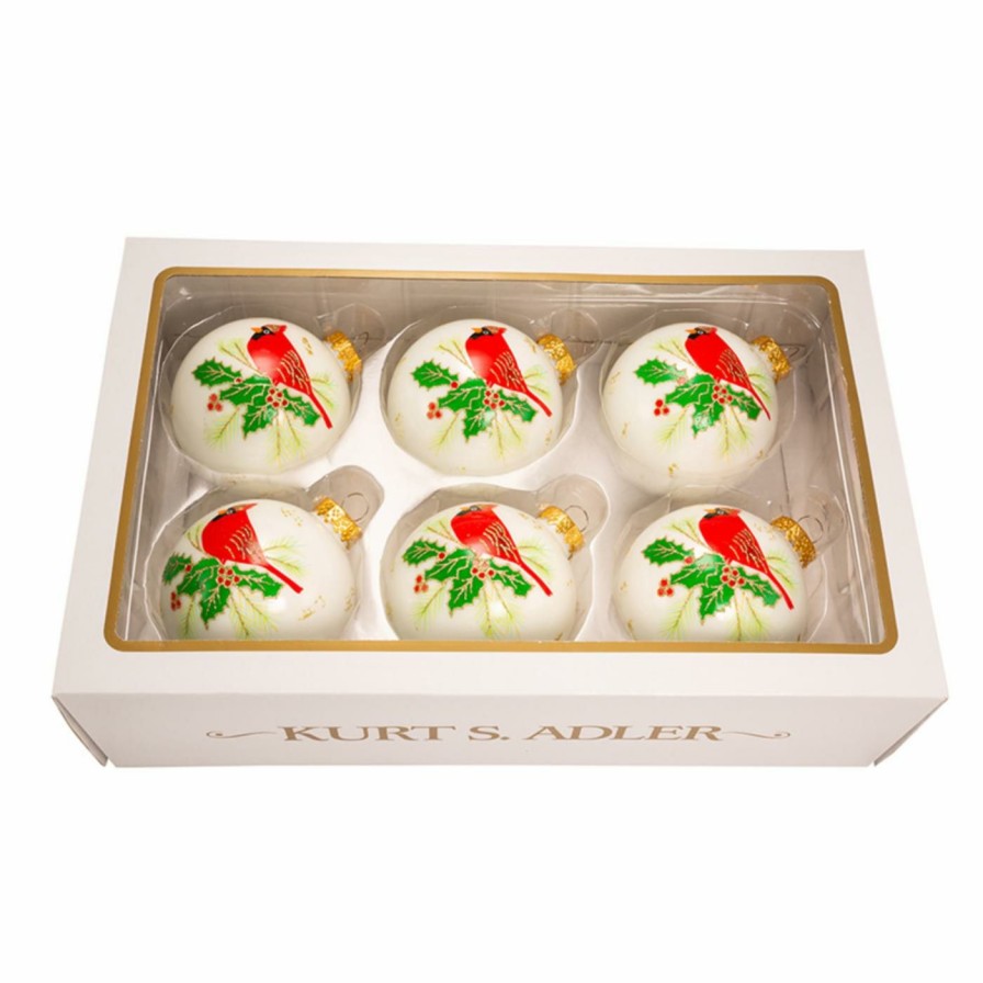 Ornaments * | Flash Sale Multicolored Ornaments Kurt S. Adler White With Cardinal Ball Ornaments Set Of 6