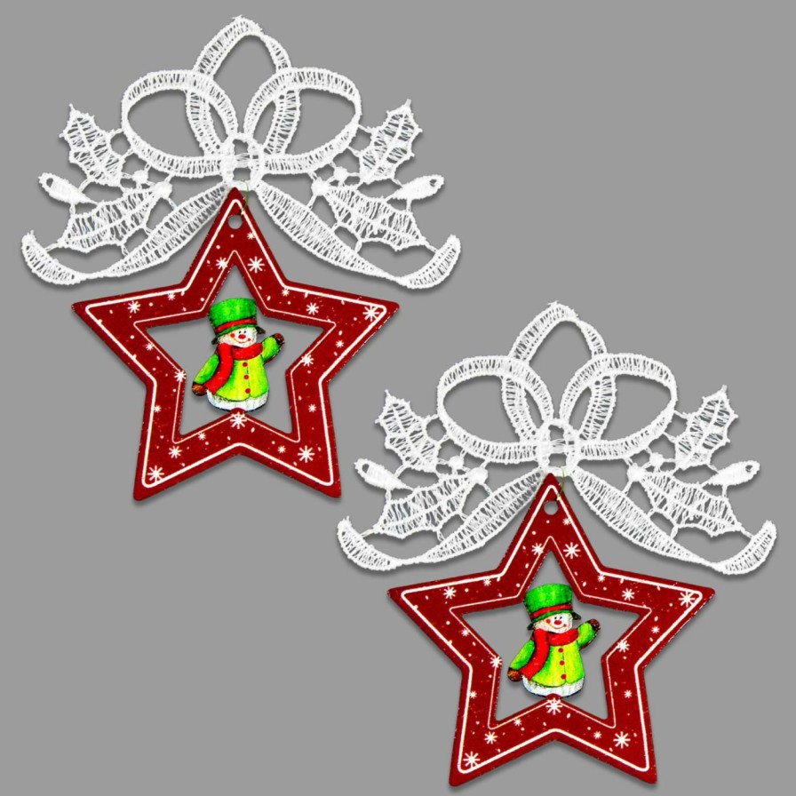 Ornaments * | Discount Green Ornaments Heritage Lace Star And Snowman Ornament Set Of 2