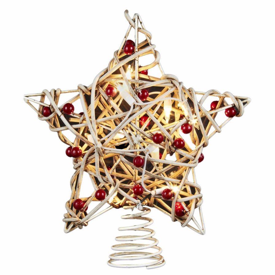 Tree Toppers & Ribbon * | Best Deal Kurt S. Adler Christmas Tree Toppers Kurt Adler Ul 10-Light Birch Berry Rattan Star Tree Topper