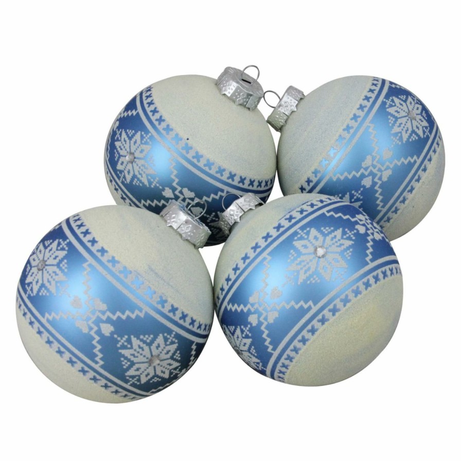 Ornaments * | Best Deal White Ornaments Northlight 4 In. Glittered And Nordic Patterned Glass Ball Ornament Set Of 4