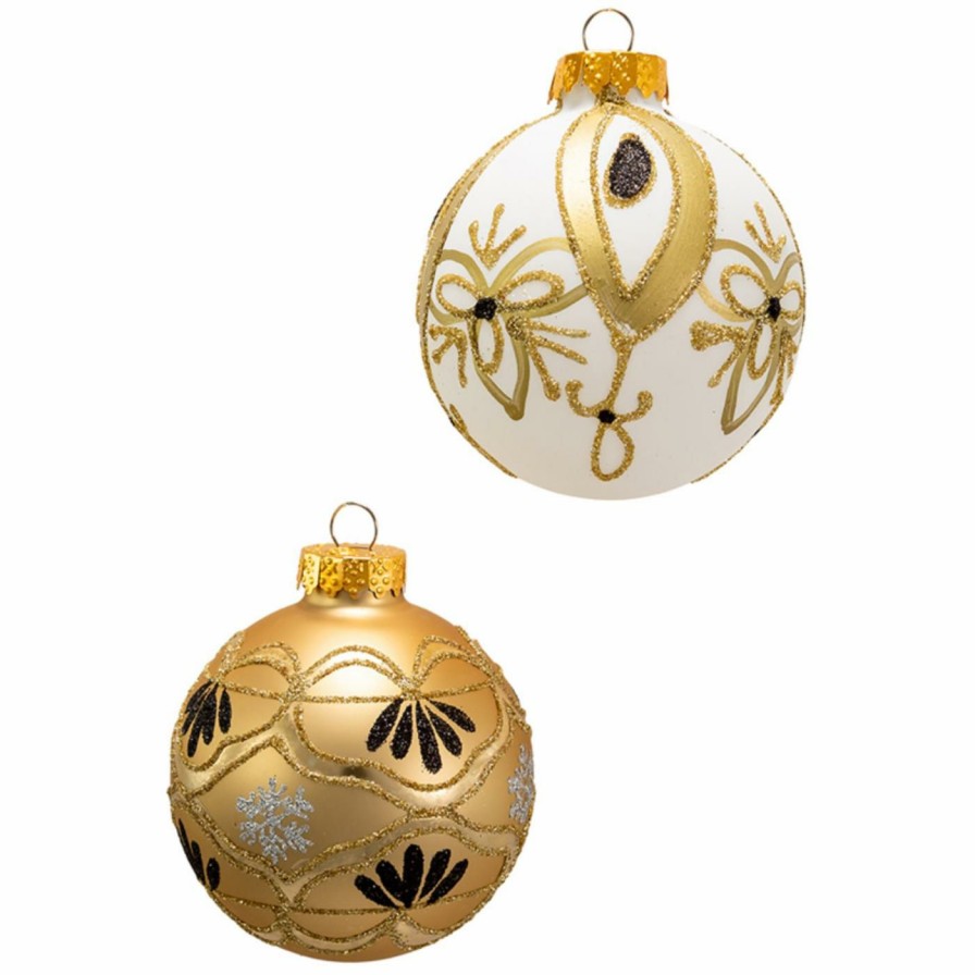 Ornaments * | Coupon Yellow Ornaments Kurt S. Adler Gold And White Ball Ornaments Set Of 6