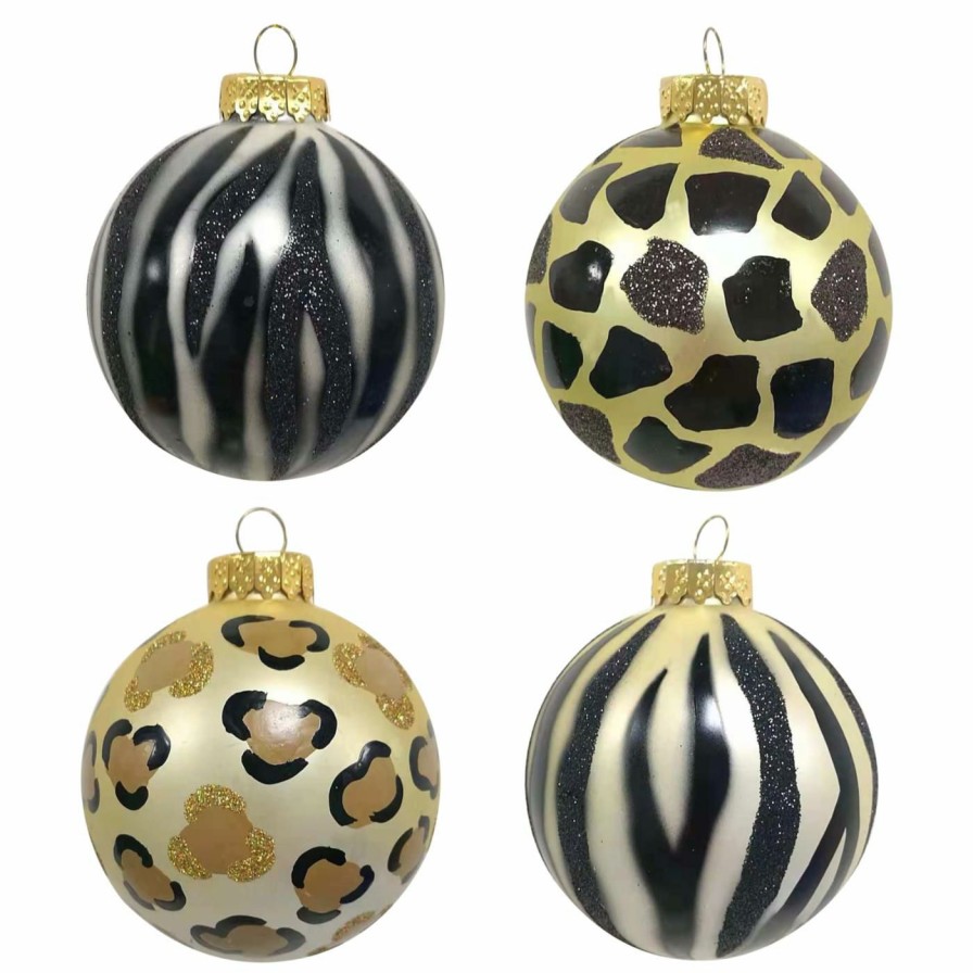 Ornaments * | Outlet Brown Ornaments Kurt Adler 3.15. In. Gold Silver And Black Animal Glass Ball Ornaments Set Of 6