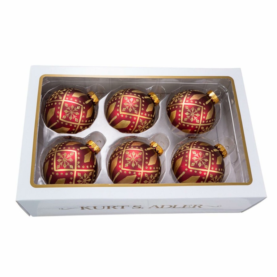 Ornaments * | Coupon Yellow Ornaments Kurt S. Adler Burgundy And Gold Patterned Ball Ornaments Set Of 6