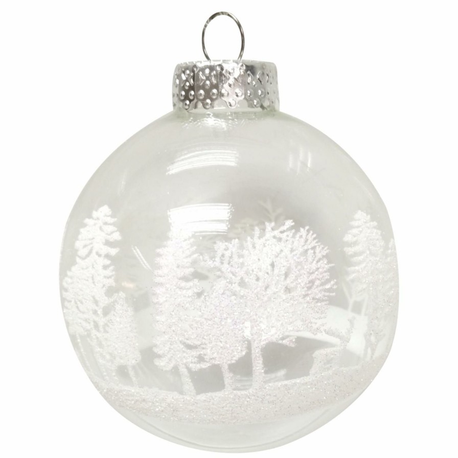 Ornaments * | Discount White Ornaments Kurt Adler 3.15. In. Clear With White Tree Design Glass Ball Ornaments Set Of 6